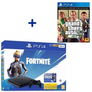 PS4 Slim 500 Go Noire + Grand Theft Auto V Edition Premium + Voucher Fortnite