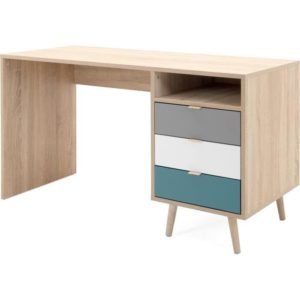 CUBA Bureau 3 tiroirs et 1 niche - Style scandinave - Décor chêne Sonoma - L 130 x P 55 x H 75 cm