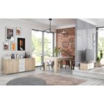 PILVI Ensemble séjour Meuble TV + Enfilade + Table à manger - Décor chêne sonoma et Blanc mat